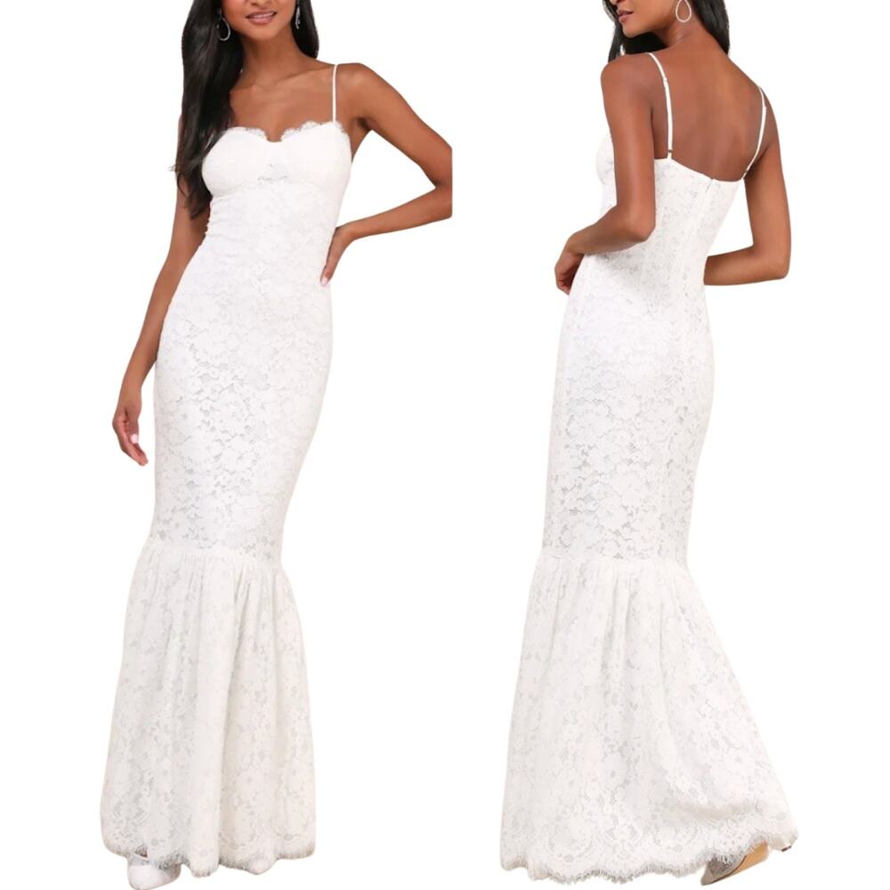 Lulus NWT Instinctively Stunning White Lace Bustier Trumpet Maxi Dress Sz XL